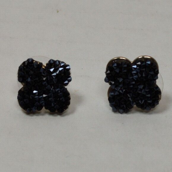 Euro Collection Four-Leaf Clover Stud Earrings Black Rhinestone Gold Tone Metal - Picture 7 of 11
